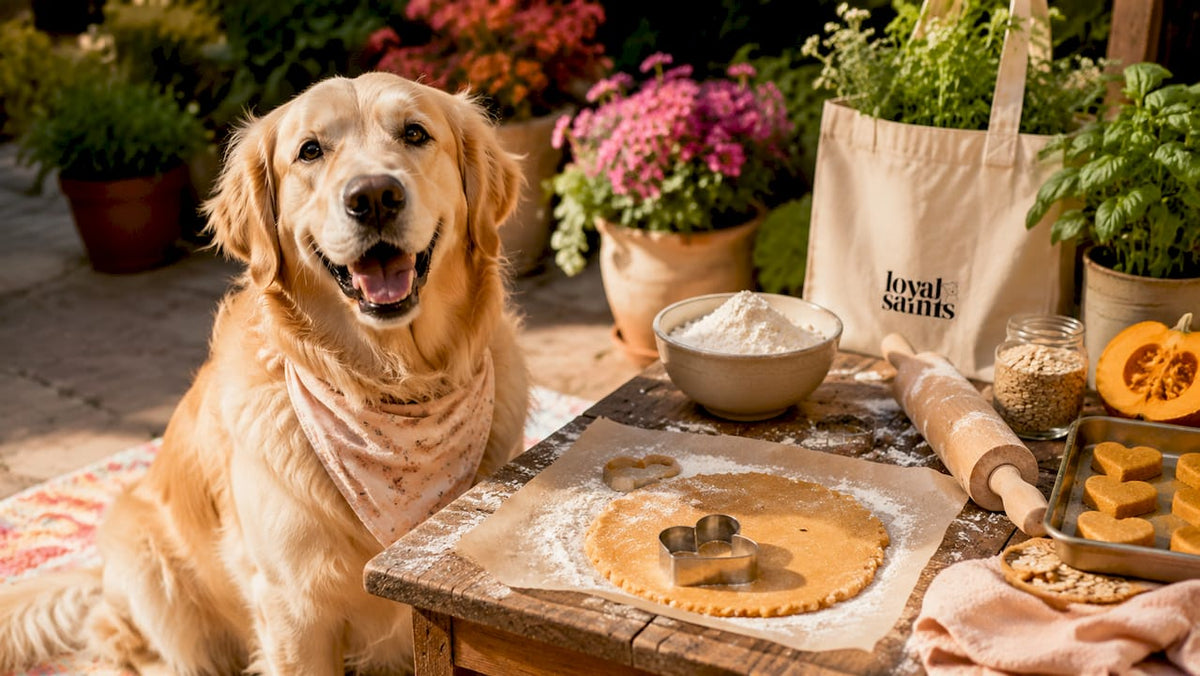 Golden retriever patiently waiting near dog treat baking setup