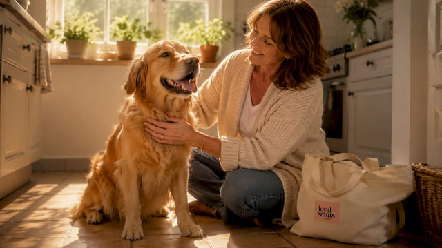 Woman grooming healthy happy dog indoors