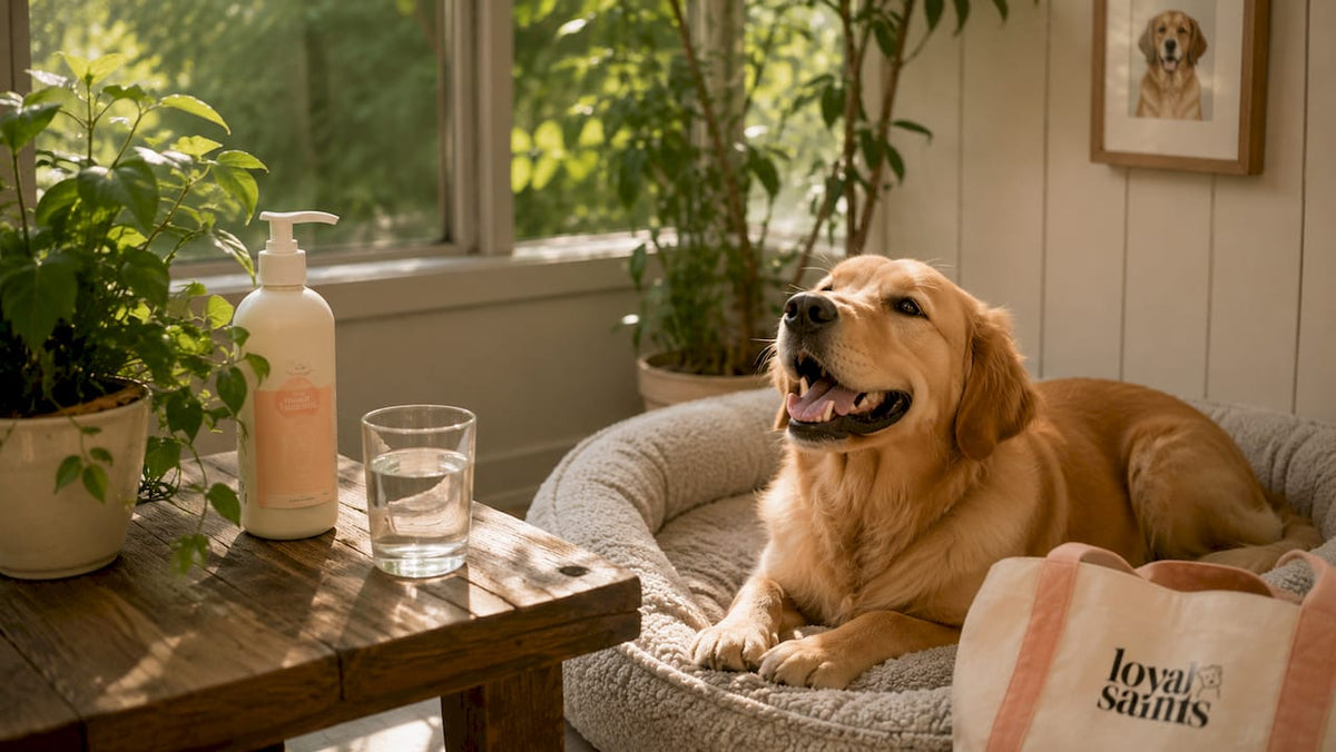 Happy golden retriever in cozy living room