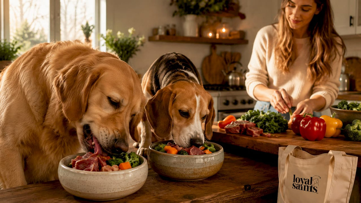 Two happy dogs eating fresh natural food in kitchen