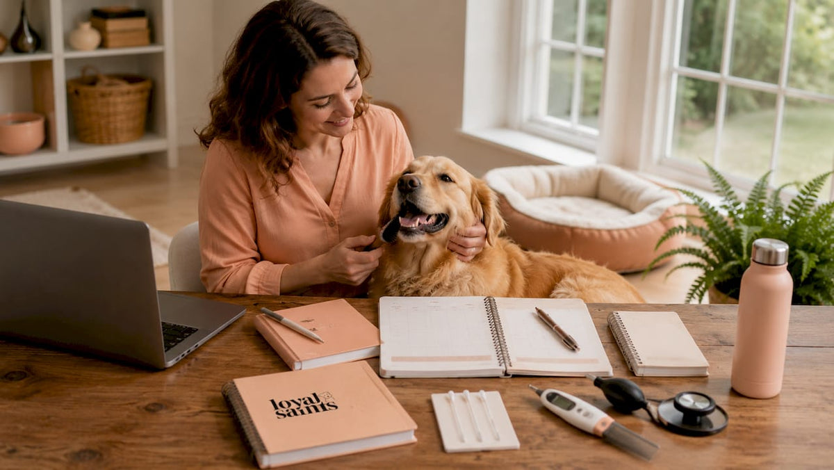 Breeder with happy dog reviewing allergy management workflow