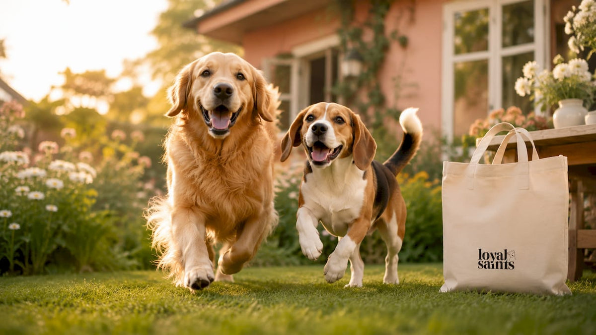 Two happy healthy dogs with freeze-dried food