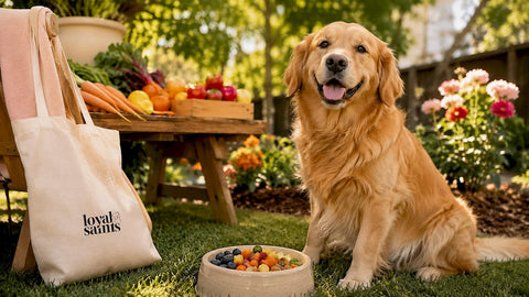 Happy golden retriever enjoying natural dog food