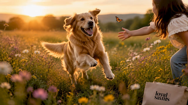 Happy golden retriever smiling in sunlit park