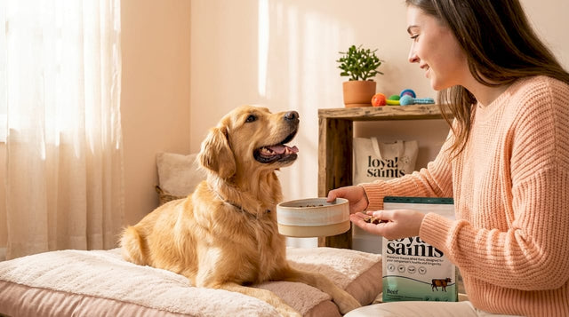 Smiling golden retriever eating premium dog food