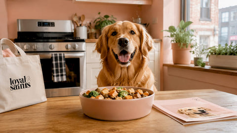 Happy golden retriever awaiting meal