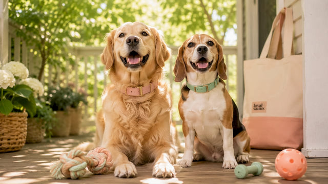 Two happy healthy dogs sitting indoors, smiling