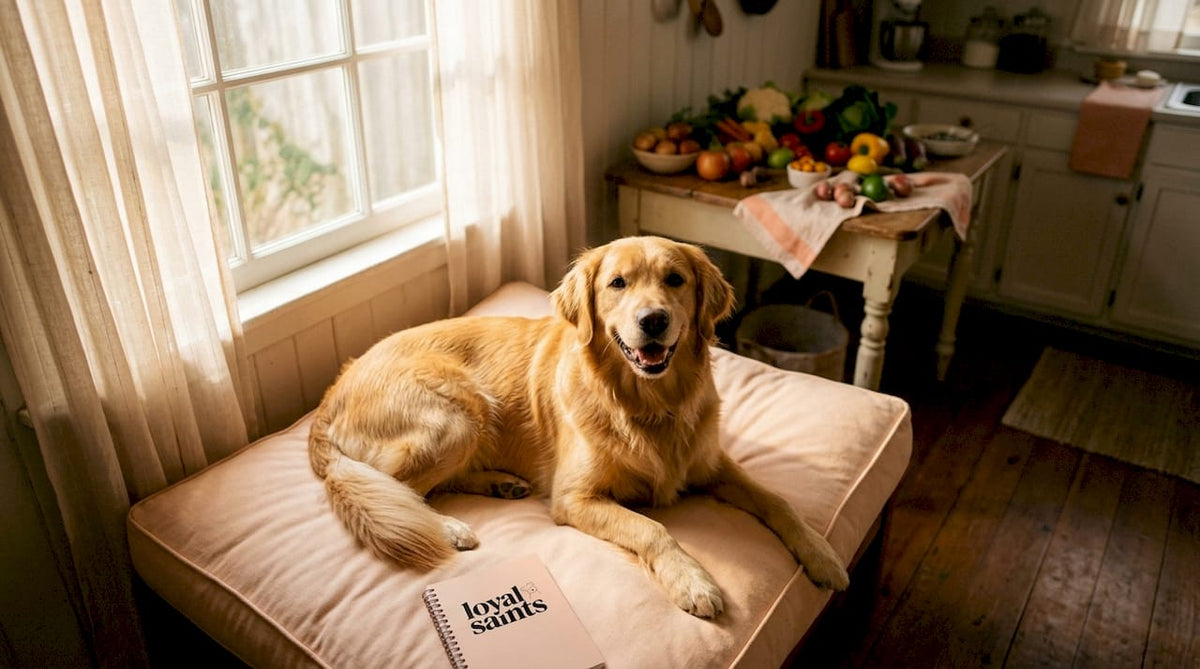 Smiling golden retriever in sunlit home