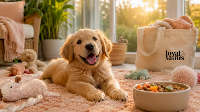 Smiling golden retriever puppy indoors