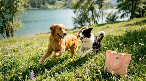 Two happy smiling healthy dogs playing outdoors