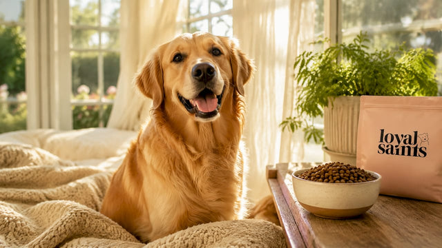 Happy, healthy golden retriever with premium dog food