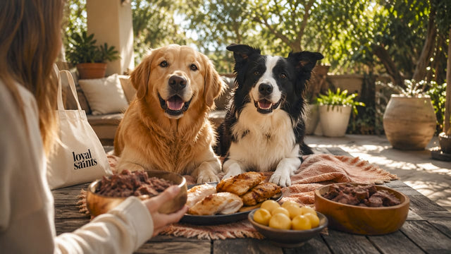 Two happy healthy dogs near muscle-building dog food