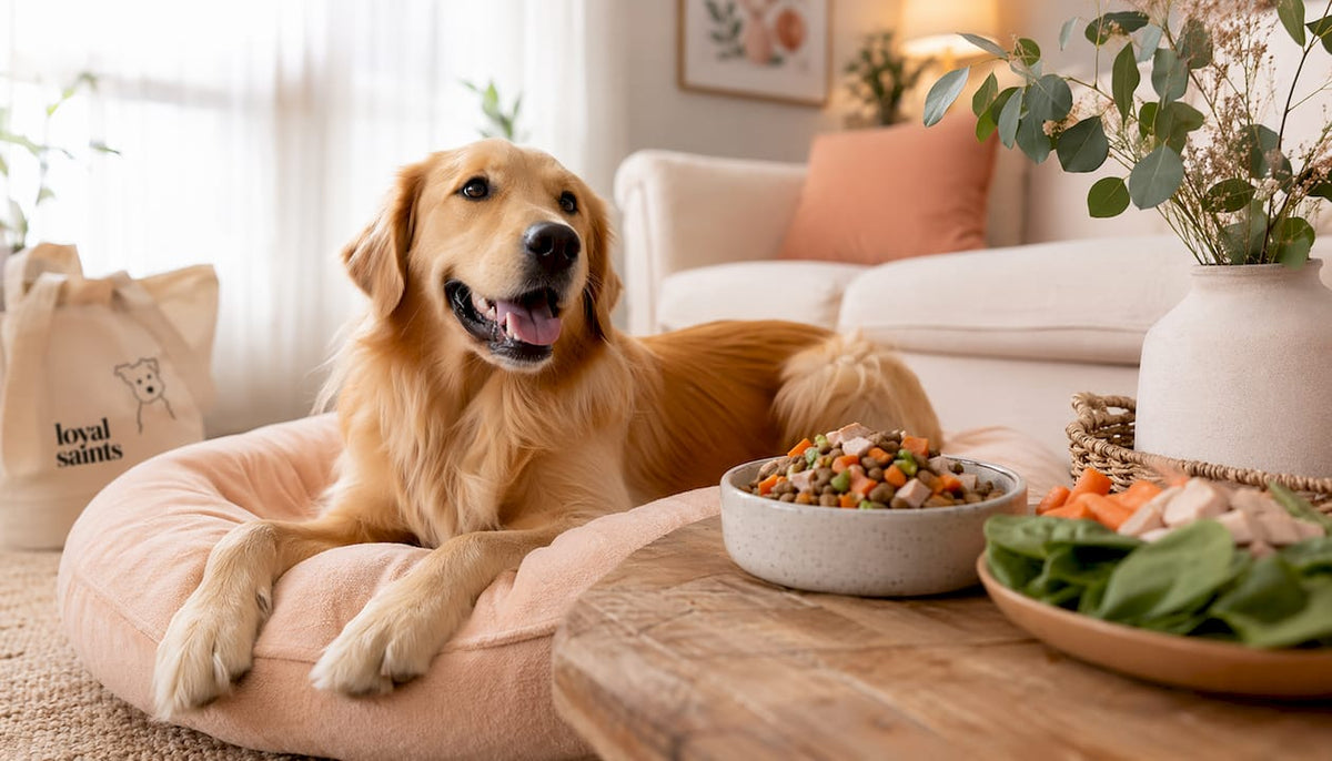 Smiling golden retriever in cozy kitchen with fresh dog food