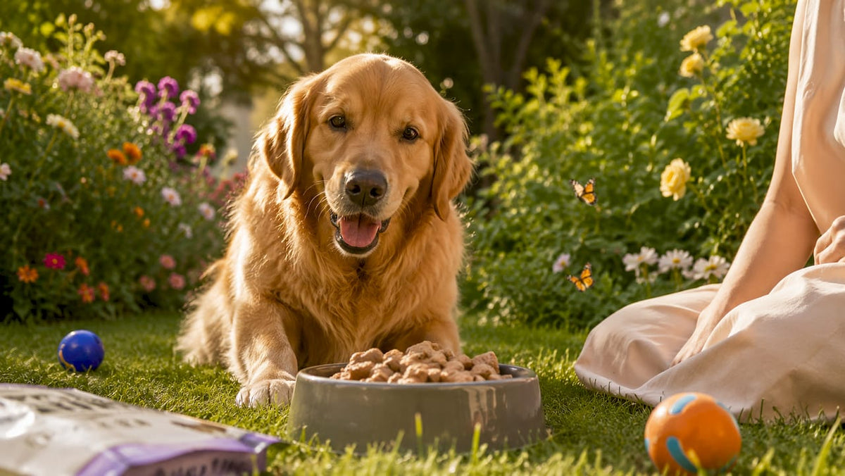 Happy golden retriever eating freeze-dried dog food