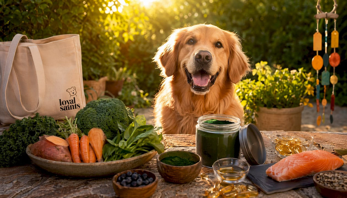 Happy golden retriever with healthy dog food ingredients