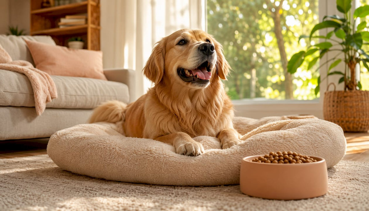 Smiling golden retriever near premium pet food bowl