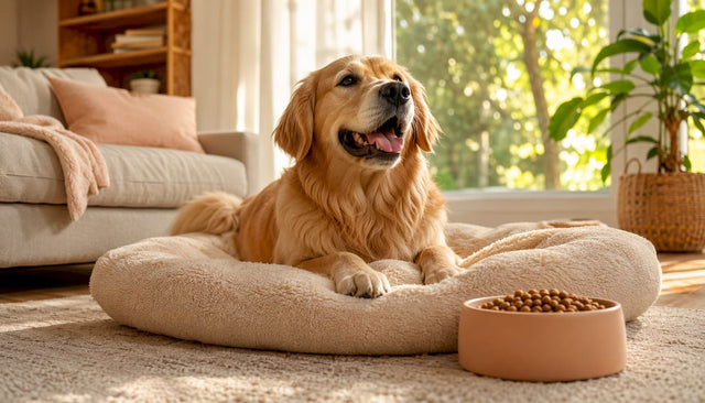 Smiling golden retriever near premium pet food bowl