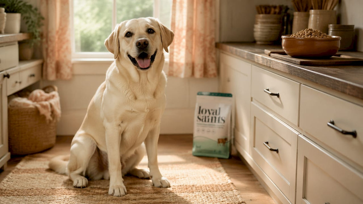 Happy Labrador retriever in cozy living room