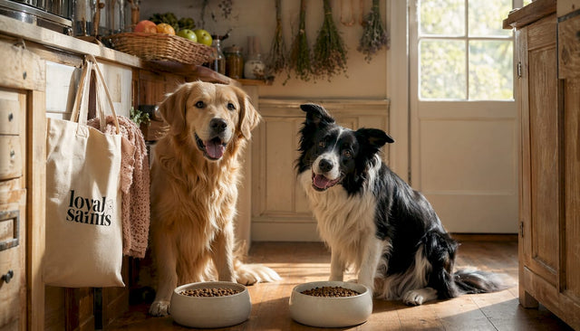 Two happy dogs waiting for meal in kitchen