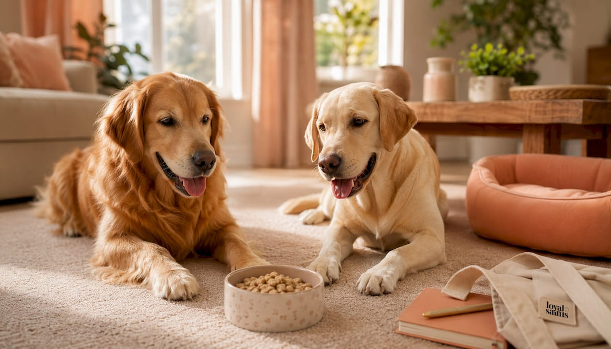 Two happy healthy dogs enjoying premium nutrition