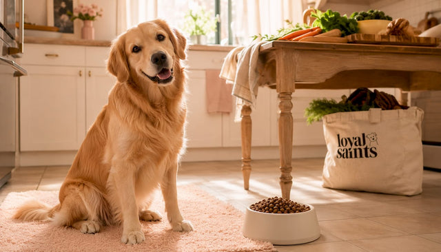 Happy golden retriever with premium dog food