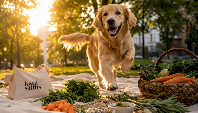 Happy golden retriever in garden with natural foods