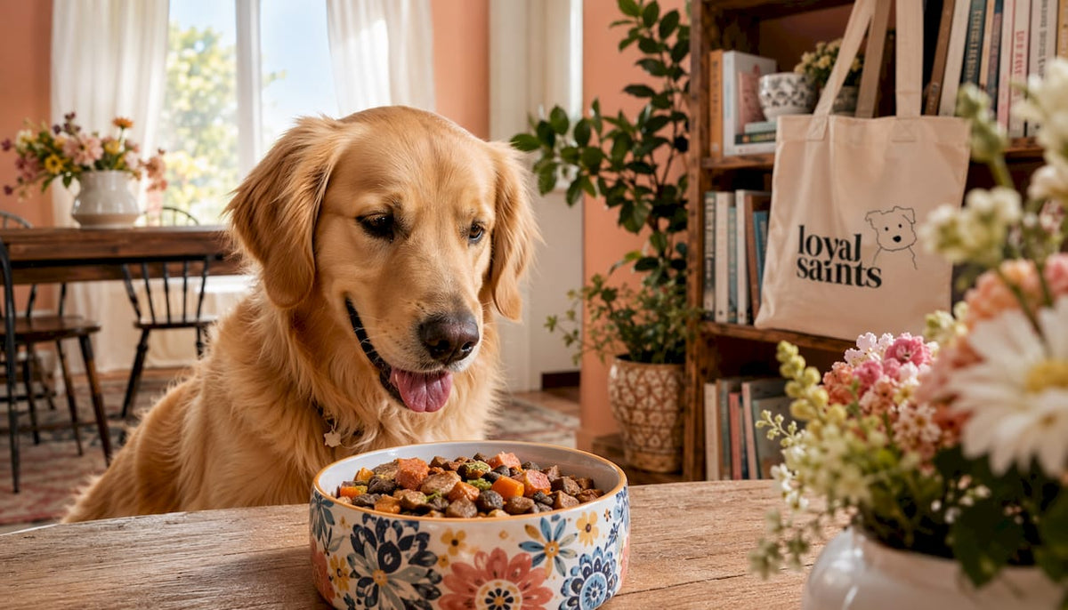 Happy golden retriever eating dog food in kitchen