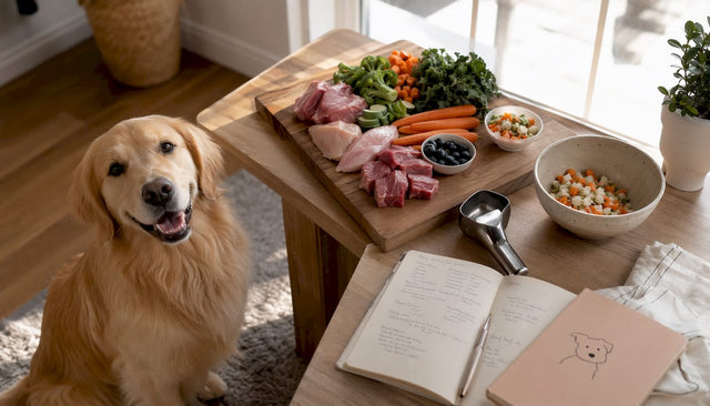 Golden retriever near fresh raw dog meal prep