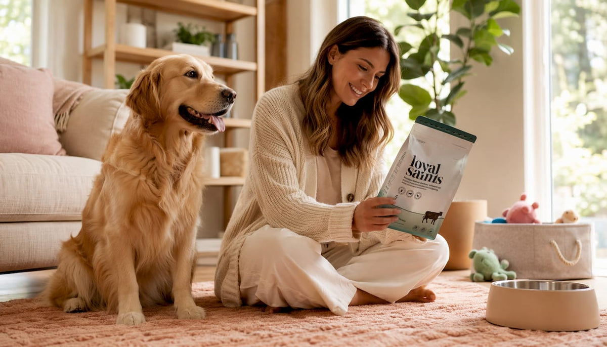 Pet owner reading premium dog food label with happy dog