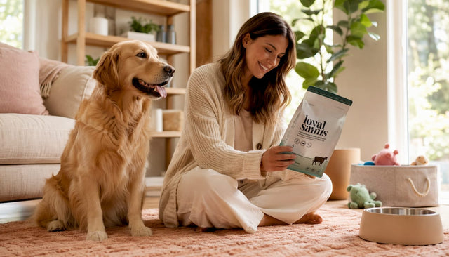 Pet owner reading premium dog food label with happy dog