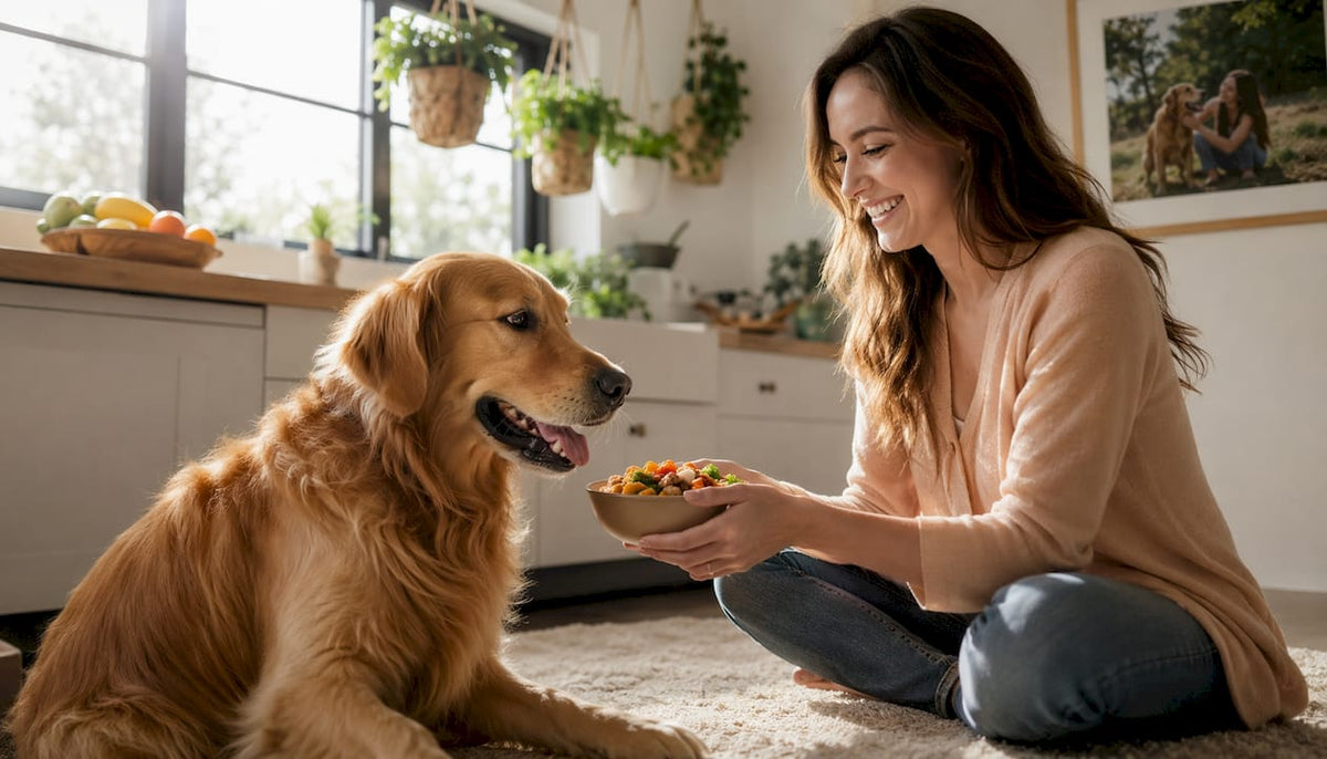 Woman feeding happy golden retriever natural dog food