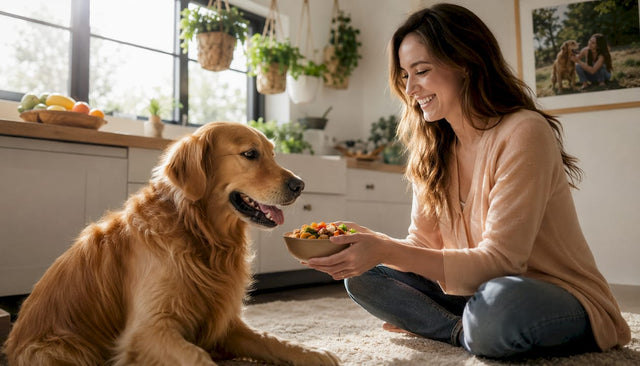 Woman feeding happy golden retriever natural dog food