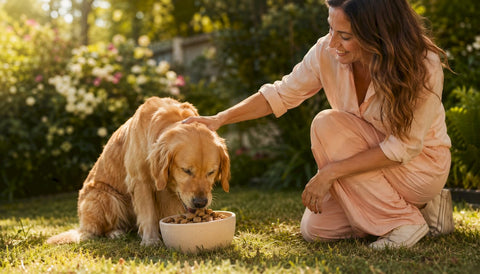 Happy golden retriever eating freeze-dried raw food