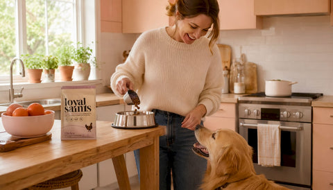 Woman feeding happy dog freeze-dried food at kitchen counter
