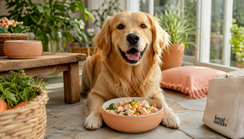 Happy golden retriever eating healthy dog food