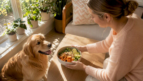 Happy golden retriever eagerly awaiting healthy meal
