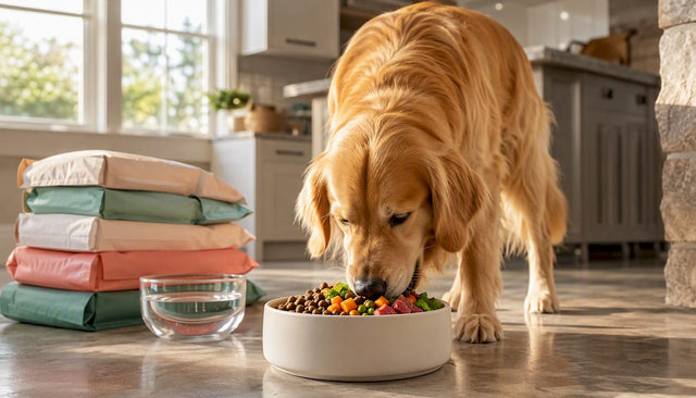 Happy golden retriever eating balanced dog food in kitchen