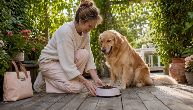 Woman feeding happy golden retriever dog