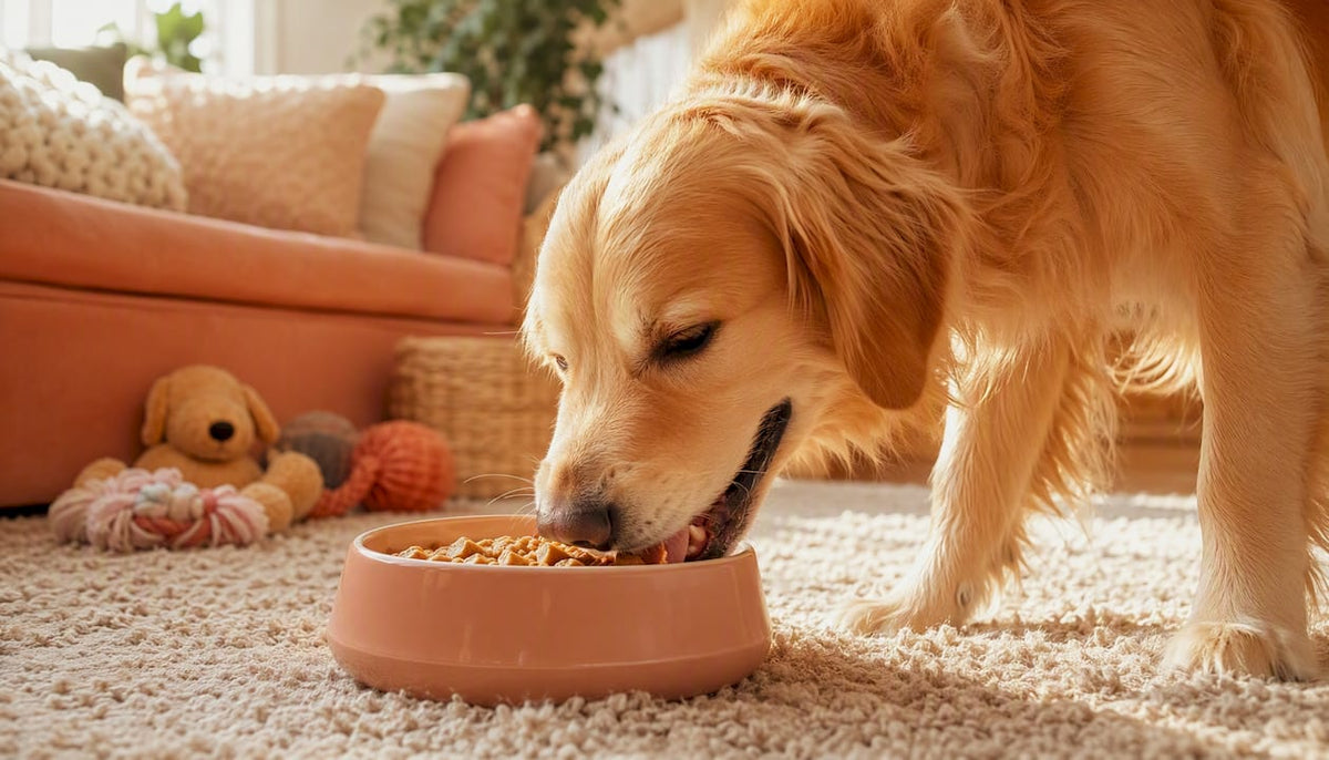 Happy dog eating freeze-dried food