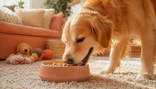 Happy dog eating freeze-dried food