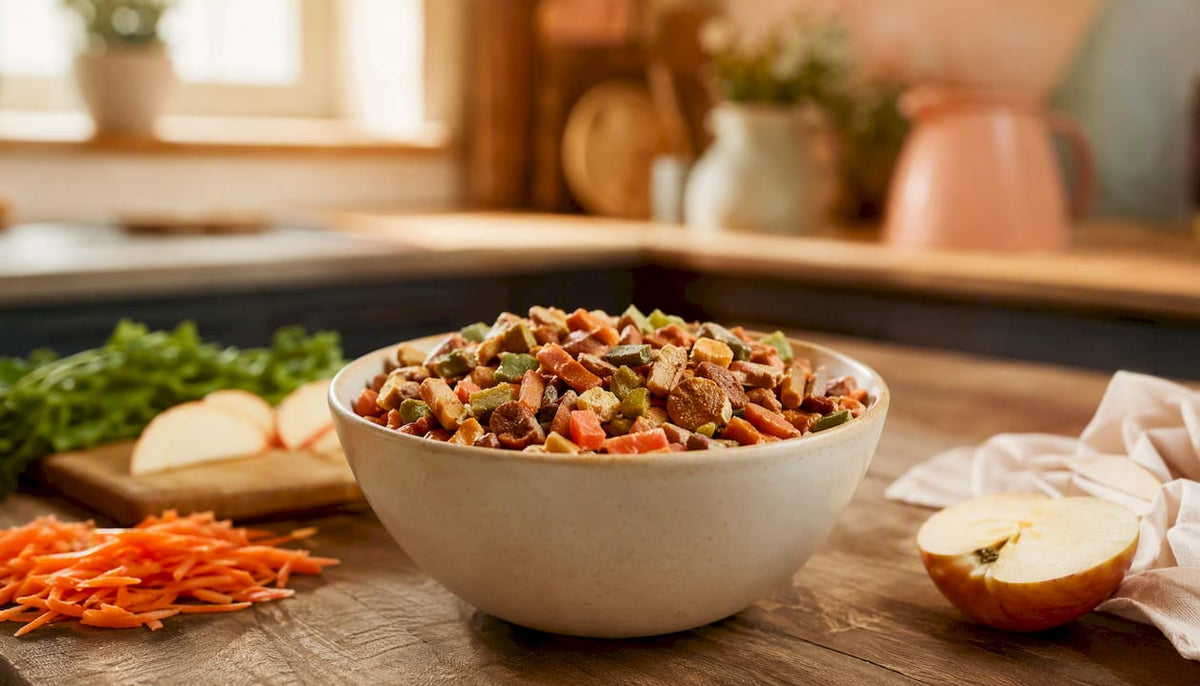 Bowl of freeze-dried dog food with fresh ingredients