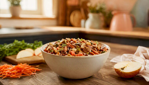Bowl of freeze-dried dog food with fresh ingredients