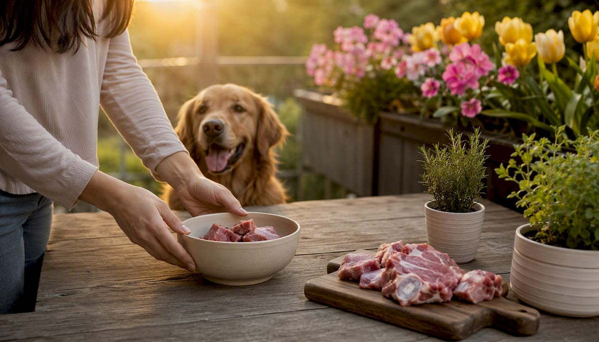 Raw dog food being carefully prepared in kitchen