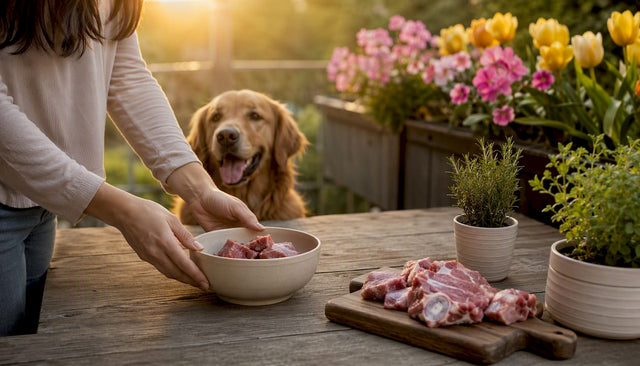 Raw dog food being carefully prepared in kitchen
