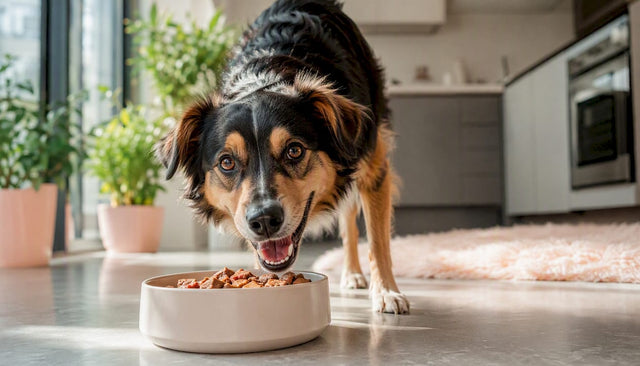 Happy dog eating freeze-dried raw food
