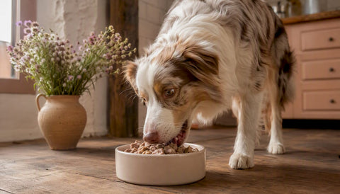 Smiling dog eating freeze-dried dog food