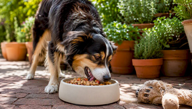 Happy dog eating freeze-dried dog food