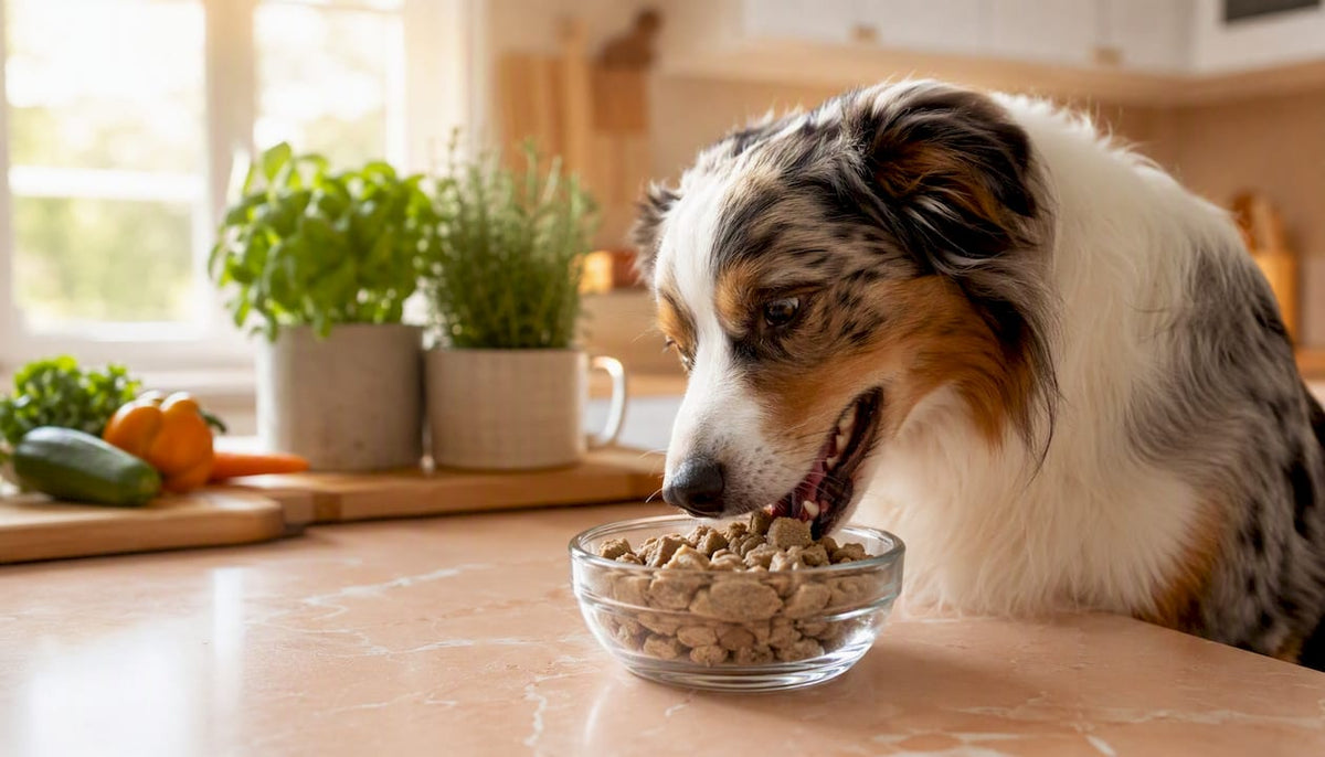 Healthy dog eating freeze dried food