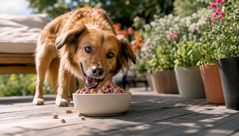 Happy dog eating natural freeze-dried food