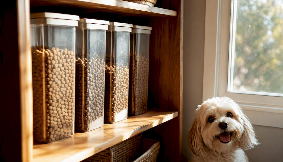Vertical airtight dog food canisters neatly stored